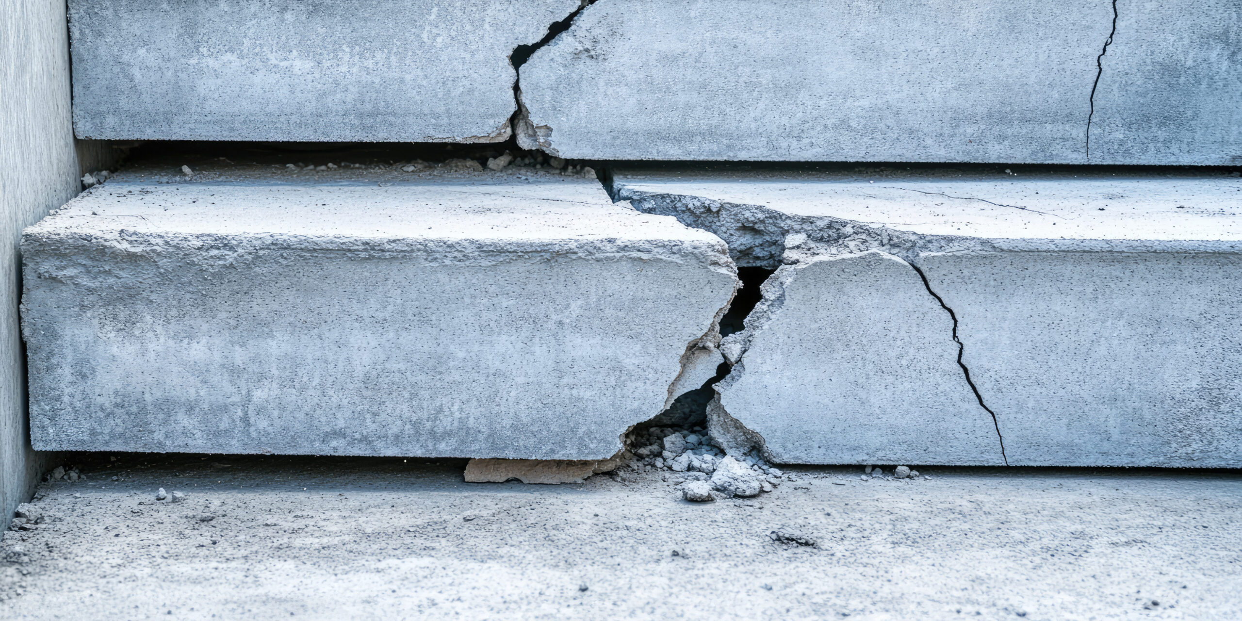 Concrete steps with visible cracks and damage are located outdoors. Structural damage indication, wear and deterioration